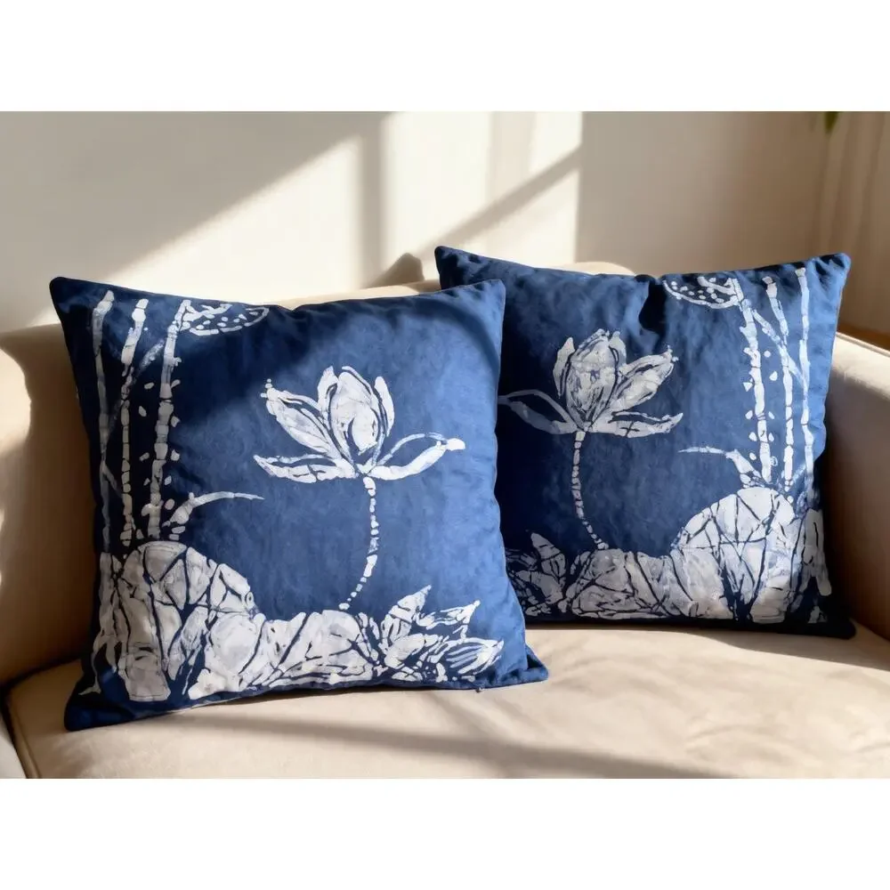 Handmade Lotus Pillow Cover | Indigo Batik Throw Pillow Cover